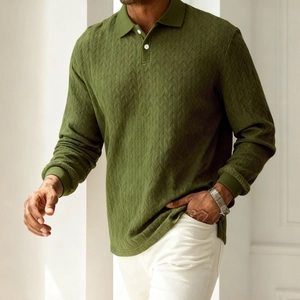 Close-up detail of olive green men's long sleeve polo shirt featuring subtle V-knit texture