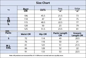 Size guide for men's hollow knit short set with detailed top and pants measurements