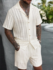 Detail of men's hollow knit cream set featuring breathable vertical stripe texture