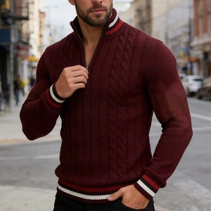 Pull en maille torsadée bordeaux pour homme avec fermeture éclair et bordures rayées