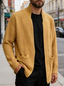 Cardigan en Grosse Maille pour Hommes Côtes Ouvert Devant Col Montant Manches Longues Manteau Poches Décontracté Tricot d'Hiver