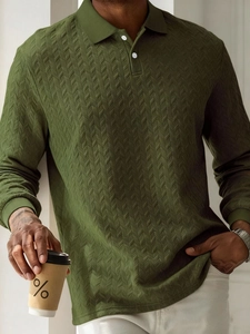 Men's olive green long sleeve Polo shirt with textured knit and classic lapel collar