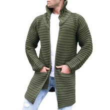Detailed knit texture of olive green men's cardigan with ribbed pattern and lapel