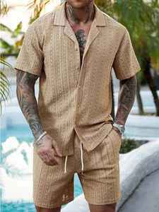 Men's khaki hollow knit vacation set with short sleeve shirt and shorts by the pool
