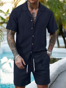 Men's navy hollow knit set with short sleeve shirt and shorts for summer vacation