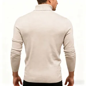 Detail of beige men's slim fit turtleneck sweater with premium fine knit texture