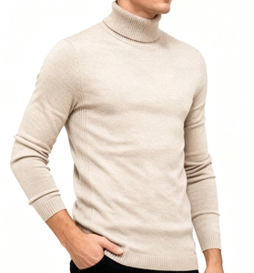 Close-up of beige slim fit turtleneck sweater showing soft knit texture and ribbed collar