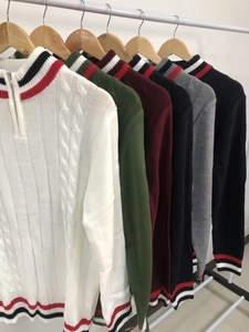 Detail of color-block knit sweaters featuring zip collar and striped ribbed cuffs