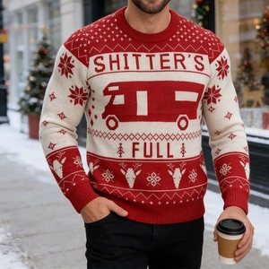 Men's Christmas knit sweater with classic reindeer patterns and vintage camper car design