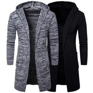 Detailed knit texture of men's hooded cardigans in grey and black marl fabric