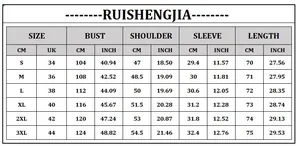 Detailed size chart for men's striped casual shirt set from size S up to 3XL