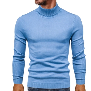 Detail of light blue slim fit turtleneck sweater showing ribbed collar and fine knit texture