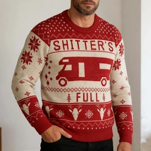 Men's Christmas knit sweater with Shitter's Full camper van pattern in red and white