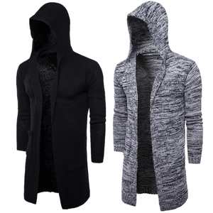Detailed close-up of hooded knitted cardigan with side pockets in black and grey marl