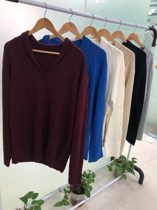Detail of cable knit cardigans in multiple colors with V-neck and three buttons