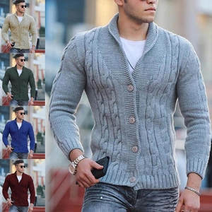 Men's slim fit knit cardigan with lapel collar and cable pattern in multiple colors