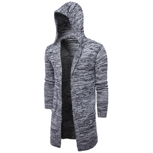 Close-up of thick knit texture on a long hooded cardigan sweater for men in grey mix