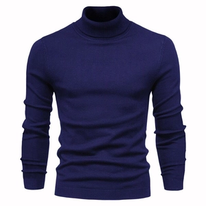 Slim fit men's turtleneck knit sweater in dark blue featuring ribbed cuffs and hem
