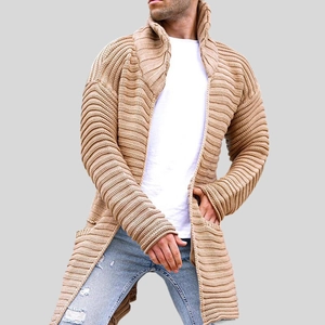 Cardigan en maille kaki pour homme avec revers et poches dans un style décontracté mi-long