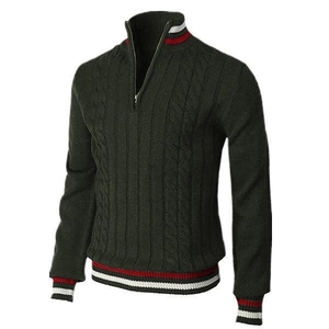 Men's dark green knit sweater with half-zip stand collar and red-white striped cuffs