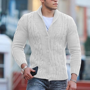 Close-up of men's white knit cardigan showing cable knit texture and button details