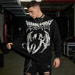 Men's black long sleeve crewneck sweater with gothic wing print and street fashion style