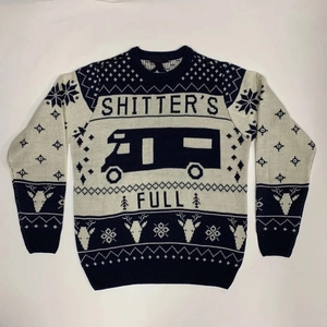 Detailed view of navy blue Christmas knit sweater featuring RV graphics and text