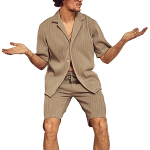 Men Casual Pleated Stripe Shirt And Shorts Top And Bottom For Summer Vacation Sage Green Short Sleeve Comfortable Outfit