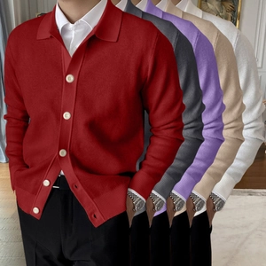 Detail of men's knit cardigans in five colors featuring polo collars and button closures