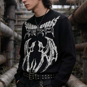 Men's gothic knit sweater with white demon wings print and round neck in street style