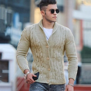 Men's cable knit cardigan with shawl collar and wooden buttons in beige for autumn winter