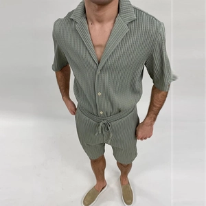 Summer casual men's sage green striped short sleeve shirt and shorts set with textured fabric