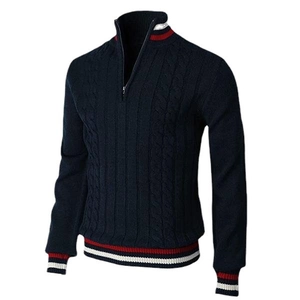 Navy blue cable knit men's quarter-zip sweater with red and white striped ribbed trims
