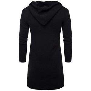 Rear view of men's black hooded knit cardigan with a slim-fit mid-length design