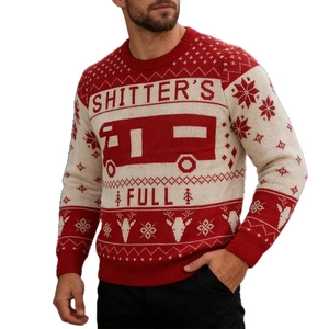 Men's Christmas jacquard sweater featuring a red RV pattern and festive snowflake motifs