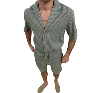 Men's sage green pleated short sleeve shirt and shorts set with stylish vertical textures