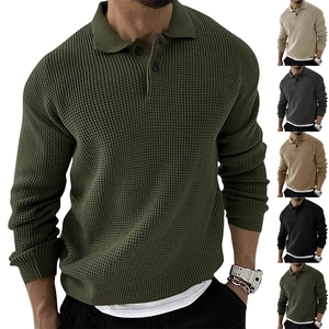 Heren slim fit wafelgebreide polotrui met lange mouwen en knoopkraag in diverse kleuren