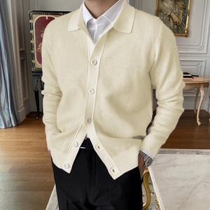 Men's off-white button knit cardigan with lapel collar in business casual style