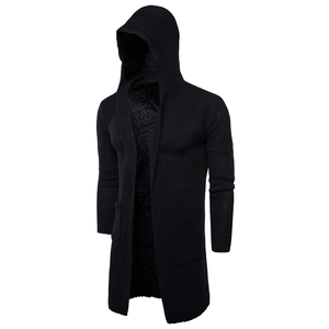 Detail view of mens black hooded knit cardigan with thick texture and large pockets
