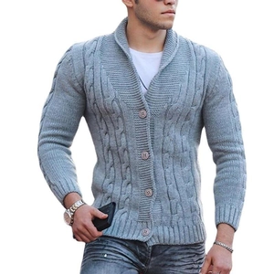 Men's light grey cable knit cardigan with shawl collar and decorative buttons