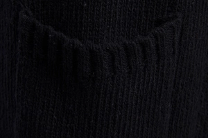 Close-up of black cable knit sweater pocket with rib-knit trim and thick yarn texture