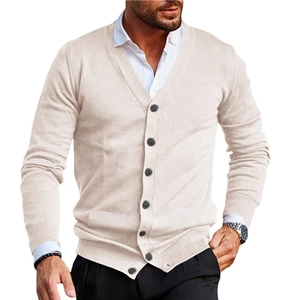 Cardigan Homme Coupe Slim Col en V Tricot Avec Poches Manches Longues Boutonné Acrylique Casual Business Hiver