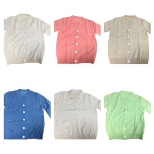 Detail showing various colors of short sleeve knit polo cardigans with ribbed hems