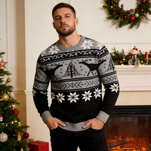 Pull de Noël épais pour hommes avec motifs rennes et flocons de neige en noir et gris