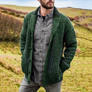 Men's slim fit shawl collar cardigan sweater in dark green with ribbed cuffs and buttons