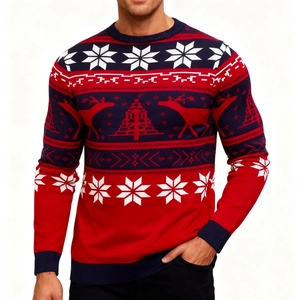 Pull de Noël épais pour homme avec motifs rennes et flocons en rouge et bleu marine