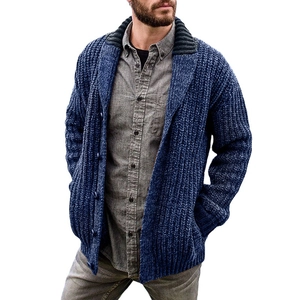 Men's dark blue slim fit cable knit cardigan with charcoal ribbed shawl collar