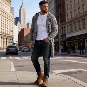 Men's hooded knit cardigan in marled grey, urban casual open front longline sweater coat