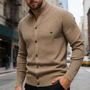 Men's khaki knit cardigan featuring a stand collar and textured ribbed button-down style