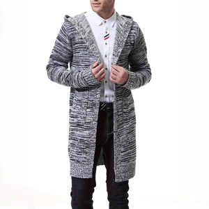 Men's thick hooded knit cardigan in grey and white textured wool blend fabric
